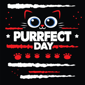 Cute Cartoon Cat Face with Big Blue Eyes and PURRFECT DAY Lettering Design