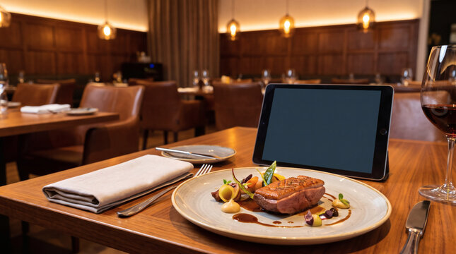 Gourmet roasted duck breast dish served with red wine and digital blank tablet menu display on wooden table in luxury fine dining restaurant