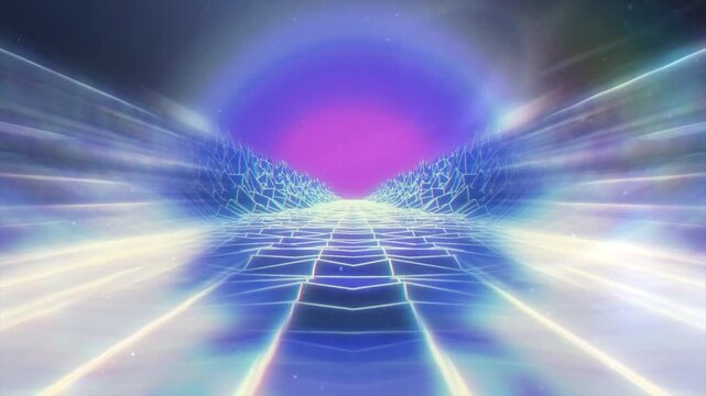 Retro Futuristic Synthwave Neon Sun Road with Glowing Grid Mountains.
