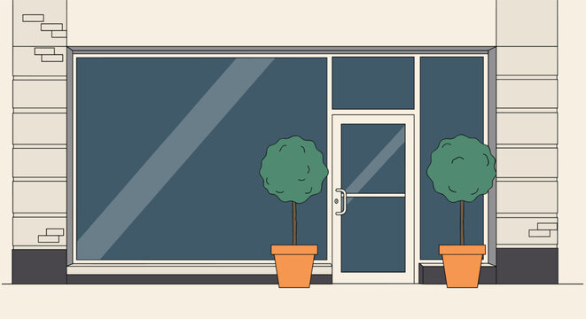 Minimalist clean facade of modern empty retail store with large glass window display and beautiful potted plants.