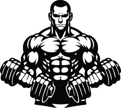 Muscular man flexing with dumbbells