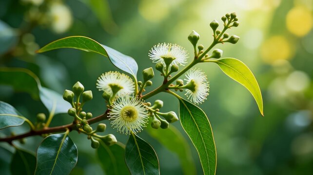Eucalyptus Blossoms and Buds in Sunlight