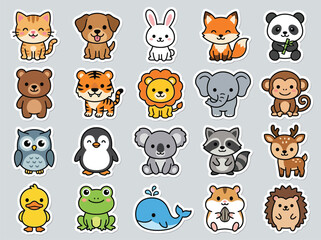 Fototapeta premium Set of cute cartoon animal stickers featuring wild and domestic creatures in flat style