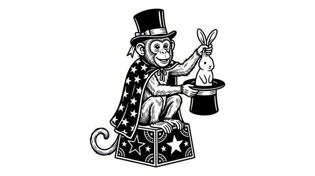 Vintage Style Illustration of a Monkey Magician Pulling a Rabbit Out of a Top Hat Black and White Vector Art