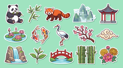 Naklejka premium Vibrant asian culture vector sticker set featuring adorable animals iconic pagodas scenic landscapes beautiful flowers and traditional botanical decorative design elements