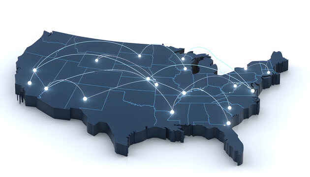 3D map of communication network infrastructure and digital connectivity across the United States.