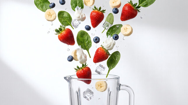Fresh strawberries bananas blueberries spinach leaves yogurt and ice cubes falling into glass blender to make healthy fruit smoothie isolated on white background