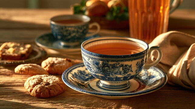 Elegant Afternoon Tea Setting with Ceramic Teacup, Teapot and Assorted Cookies on Rustic Table, Warm Cozy Atmosphere, Traditional Tea Time, Homemade Biscuits, Hospitality and Comfort Food Concept