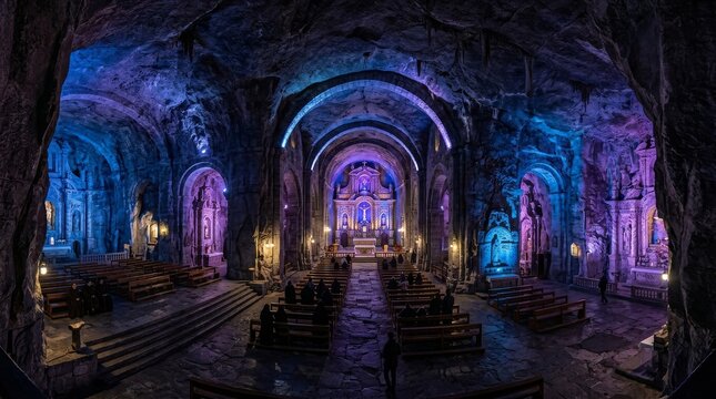 Underground Catholic Cathedral inside a Deep Mountain Cave with Blue Light