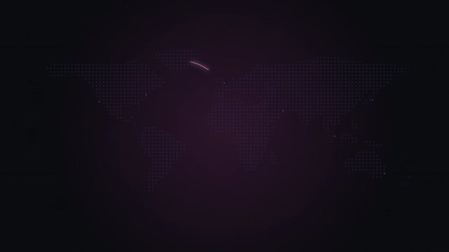 Magenta data packet arc over a blue dot world map seamless loop