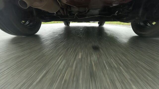 Dynamic Low-Angle View of a Vehicle in Motion over Wet Pavement, Capturing the Essence of Speed and the Thrill of Driving Experience
