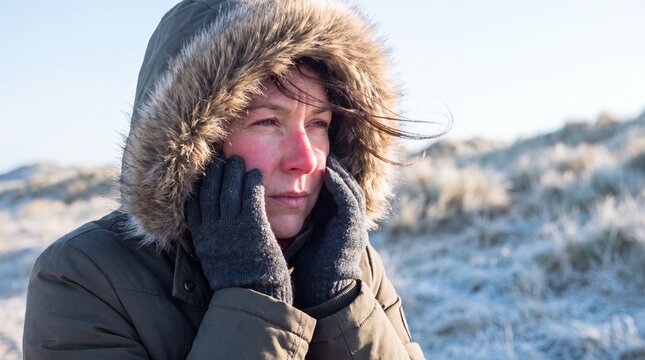 Woman with red cheeks shielding face from cold winter wind