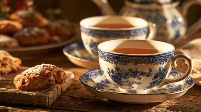 Elegant Afternoon Tea Setting with Ceramic Teacup, Teapot and Assorted Cookies on Rustic Table, Warm Cozy Atmosphere, Traditional Tea Time, Homemade Biscuits, Hospitality and Comfort Food Concept