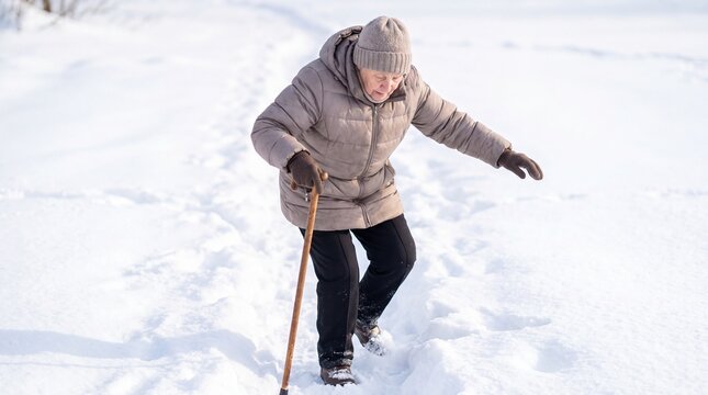 Elderly woman walking with cane through deep winter snow