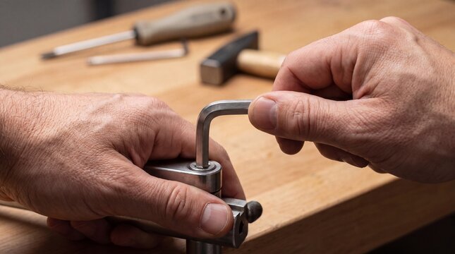 Hands turning Allen wrench to tighten metal component