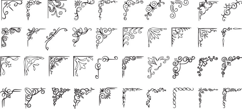 Vintage Hand Drawn Corner Ornaments. Baroque Floral Scroll Decorative Frames. Antique Victorian Flourishes with Leaves, Swirls, and Birds in Black and White Elegant Style.