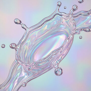 Abstract 3D render of iridescent liquid crown splash with holographic pastel gradient background and floating clear droplets
