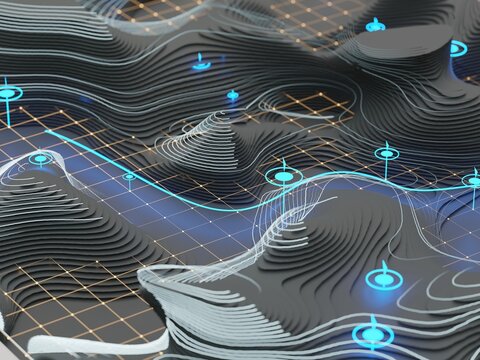 3D Terrain Model Showing Hills and Paths in Blue and Black Colors