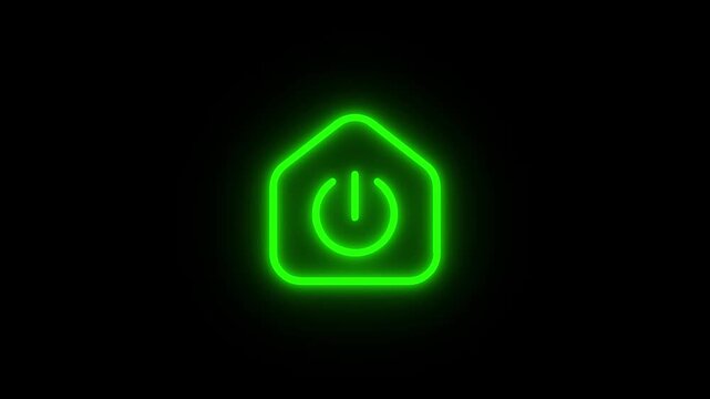 Green neon power symbol inside a house outline glowing on a black background