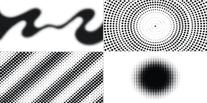 Monochrome halftone dotted illustration, abstract dynamic wave, ribbon pattern. Curved line with halftone effect, flud design. Vector minimalist background. Overlay template. Vector