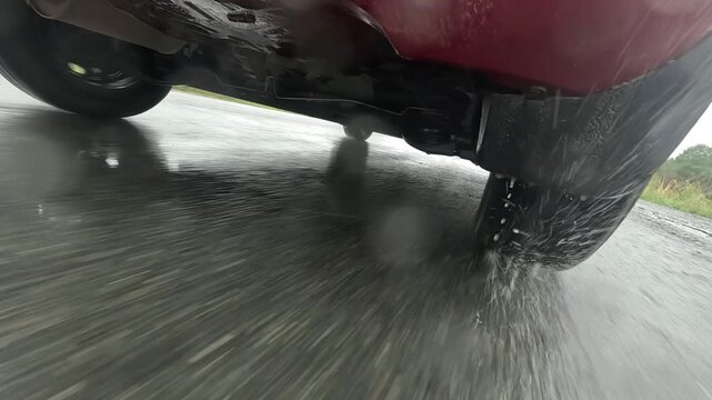 A Dynamic Perspective of a Car in Motion on a Rainy Day: Capturing the Thrill and Intensity of Speed and Wet Road Conditions