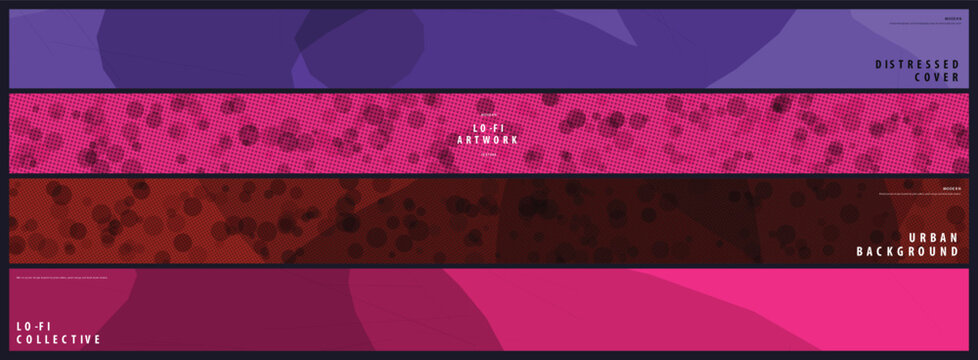 Set of Four Modern Abstract Geometric Web Banners Featuring Vibrant Fluid Shapes and Minimalist Dark Particle Texture Designs