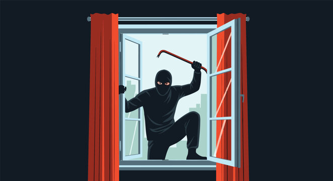 Masked burglar carrying a heavy crowbar and climbing through open home window representing housebreak crime.