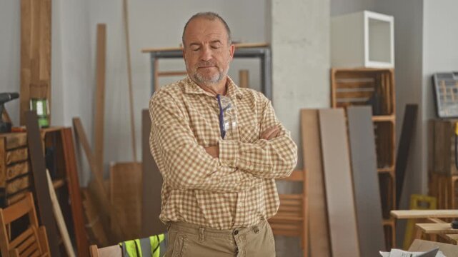 Man with arms crossed wearing checked shirt and safety glasses among stacked wood planks and tools in a carpentry building; craft pride.