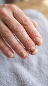 Nail fungus infection: yellow keratin, diseased cuticle, damaged plate, hand dermis, unhealthy tissue, medical condition, mold pathogen, finger health, skin symptom.
