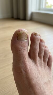 Unhealthy human plate: nail fungus, yellow discoloration, thick cuticle, skin dry, dermatophyte mold, infection spread, ruin keratin, destroy tissue, treat disease, heal foot.