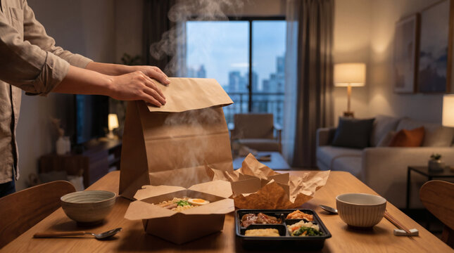 Person opening paper bag with hot steaming asian food delivery ramen soup and bento box for dinner on wooden table in cozy modern apartment at evening