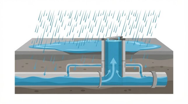 Water flows through pipes in an urban drainage system as rain falls above, helping to prevent flooding during heavy storms.