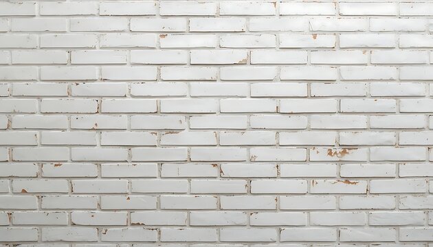 Close‑up of white brick wall with staggered horizontal joints, slightly worn and chipped surface revealing brownish material beneath, light mortar lines highlighting texture and imperfections, minimal