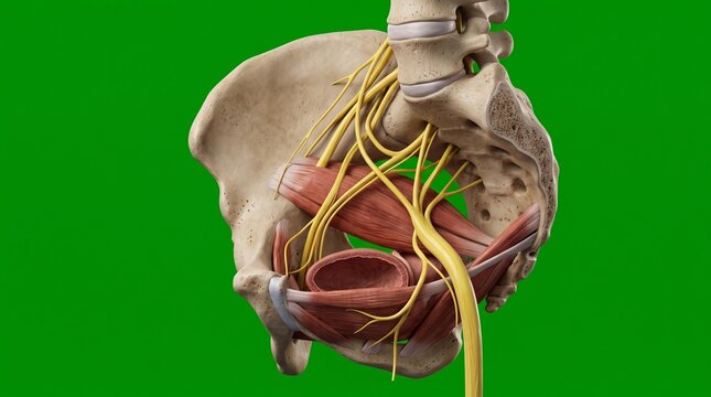 Sacral plexus and levator ani muscle anatomy model on green screen background