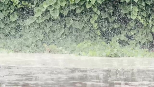 Heavy rain falling on a wooden deck