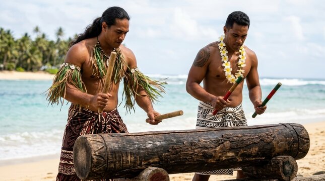 Traditional Polynesian Men Playing a Large Wooden Log Drum on a Tropical Beach with Palm Trees