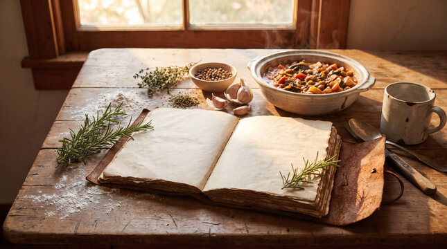 Blank vintage leather recipe book on a wooden kitchen table with fresh herbs garlic and steaming vegetable stew in warm morning sunlight