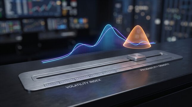 Holographic probability density bell curve with metallic volatility index slider on dark financial trading desk for quantitative risk analysis