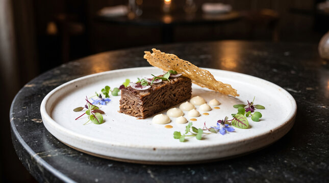 elegantly plated gourmet dish featuring a rectangular slice of braised beef or terrine garnished with microgreens, edible flowers, a delicate crisp tuile, and dollops of smooth pur&eacute;e on a white cerami
