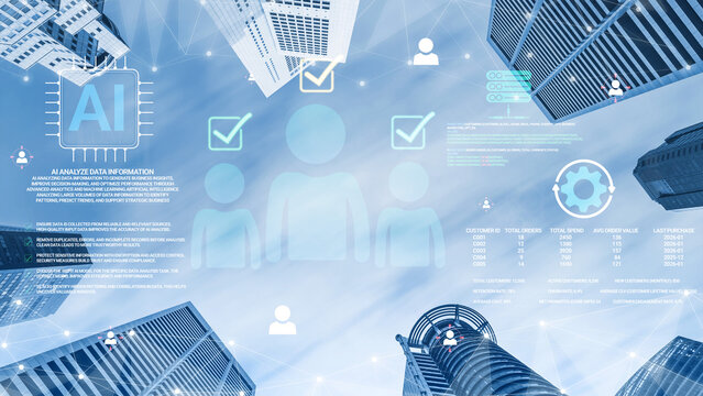 Futuristic Cityscape with AI Data Analysis Icons and Skyscrapers Showing Technological Advancement and Innovation in Urban Environment Haptic.