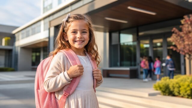 Smiling young student with pink backpack standing outside a modern elementary school