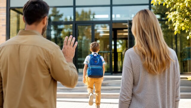 Young student with backpack walking into school while parents wave goodbye at the entrance