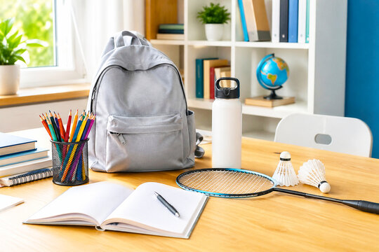 Backpack with stationery and badminton equipment on a desk. Pupil workspace prepared for school lessons and sports activity. Academic training and education concept for back to school.