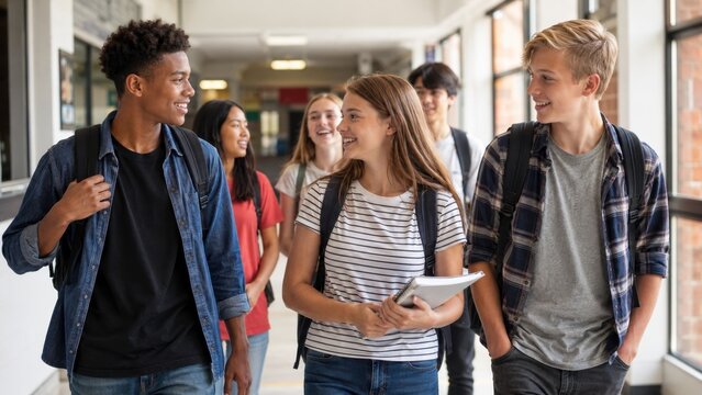 Happy teenage students with backpacks walking and talking together in a bright school hallway