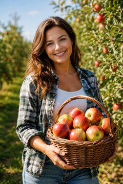 Smiling woman holding a wicker basket of fresh red apples in a sunny autumn orchard