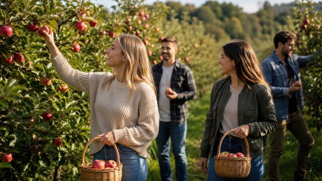 Group of friends picking ripe red apples into baskets during autumn harvest in sunny orchard