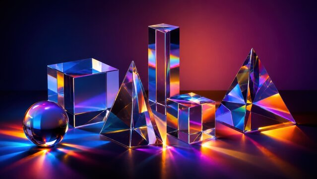 Abstract glass prisms and geometric shapes reflecting colorful rainbow light on dark background