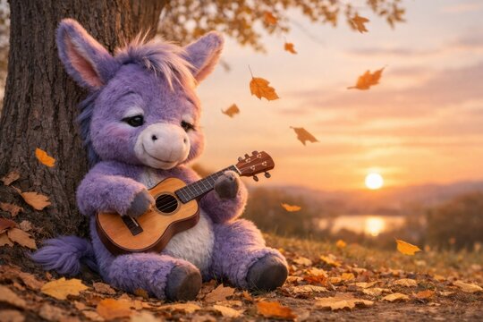 Cute plush donkey playing small guitar under autumn tree with falling leaves at warm sunset scene