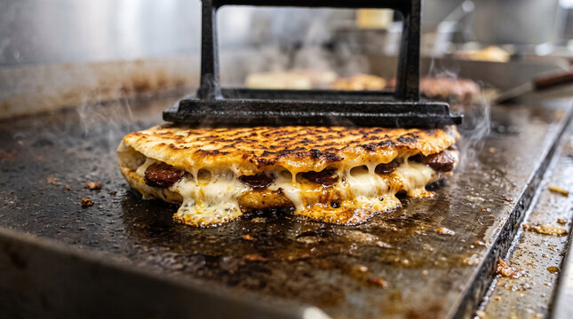 a gourmet toasted sandwich&mdash;resembling a Turkish-style tost or loaded meat melt&mdash;being pressed on a hot griddle with melted cheese oozing from the side