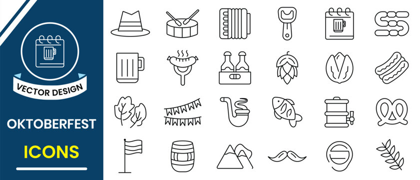 Oktoberfest icon set. Oktoberfest beer festival icon vector set collection. German festival line icon. Vector illustration.